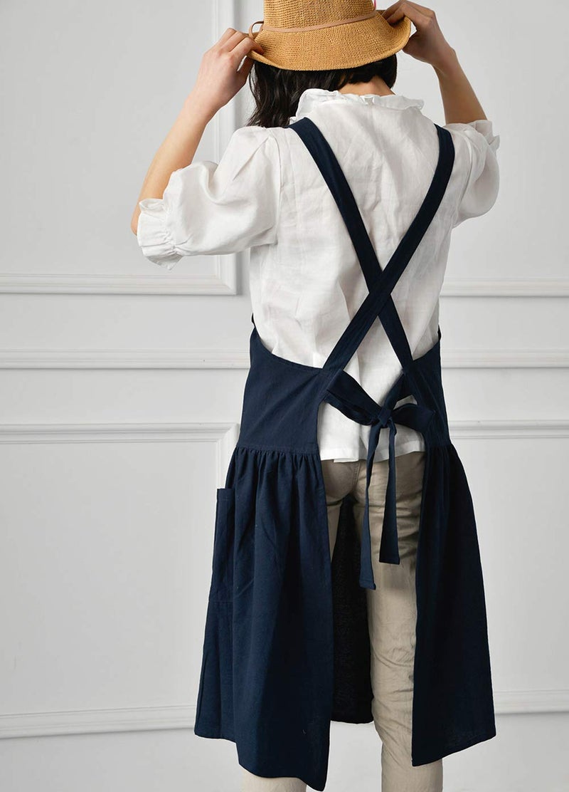 NEWGEM Cotton Linen Cross Back Apron for Women with Pockets for Cooking Baking Navy Blue with Waist Ties - Image 4
